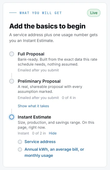 The live progress meter tracking Instant Estimate, Preliminary, and Full Proposal