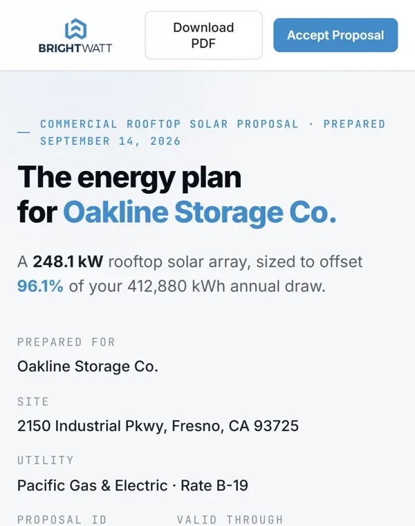 The BrightWatt proposal on a phone with the Accept Proposal button