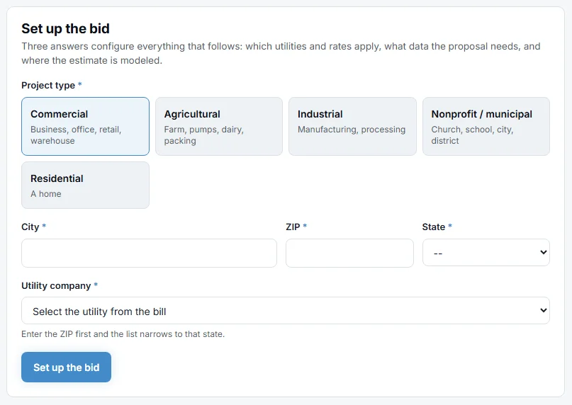 The Set up the bid form with project types, city, ZIP, state, and utility