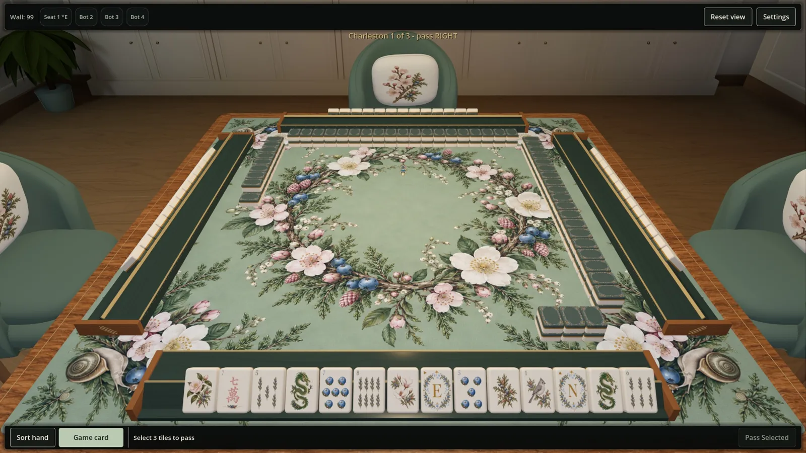 The first Charleston pass: four walls of tiles surround the floral felt while the player selects three tiles to pass right.