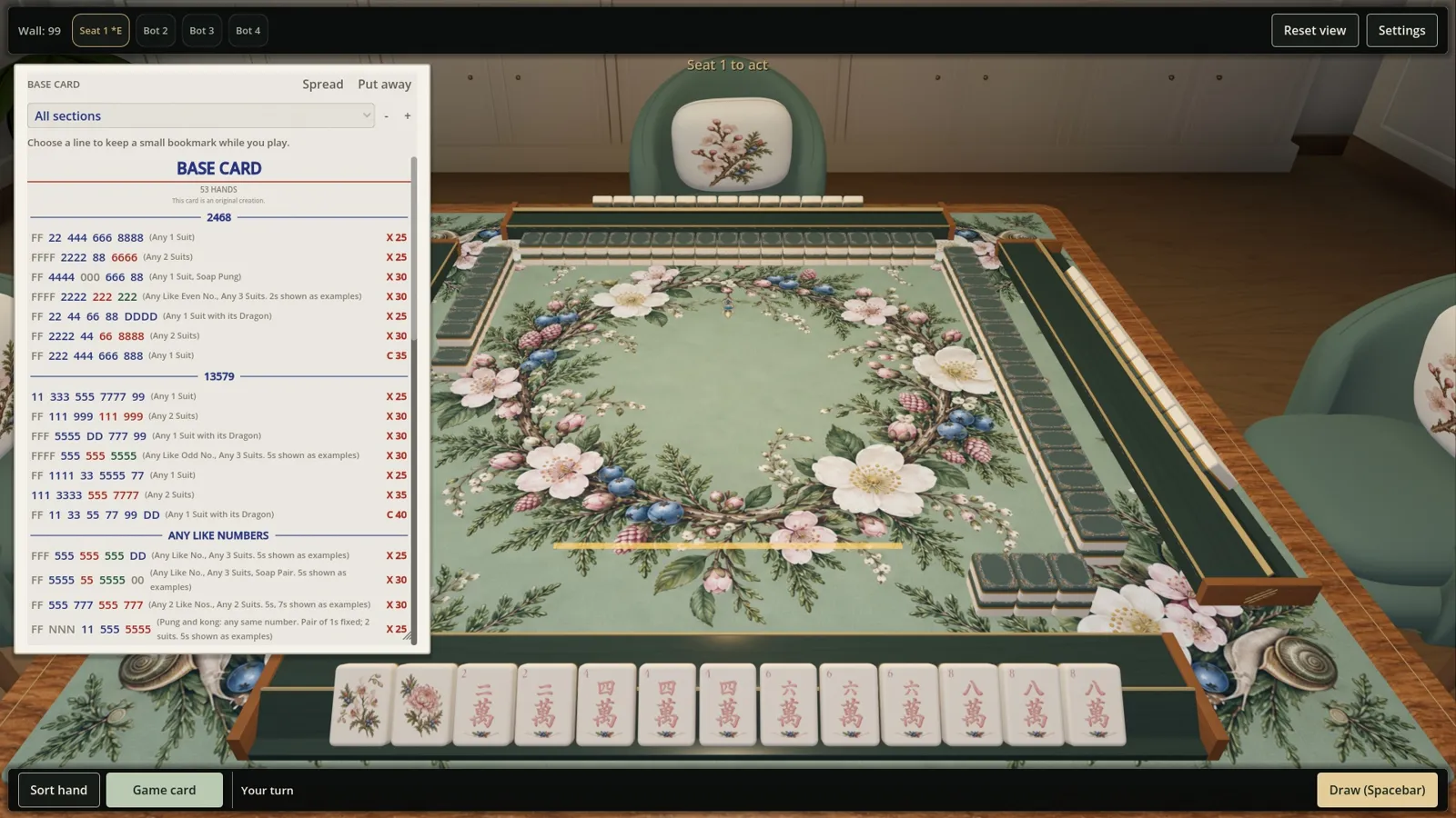 The original game card open beside a player's rack, showing hand patterns and point values during play.