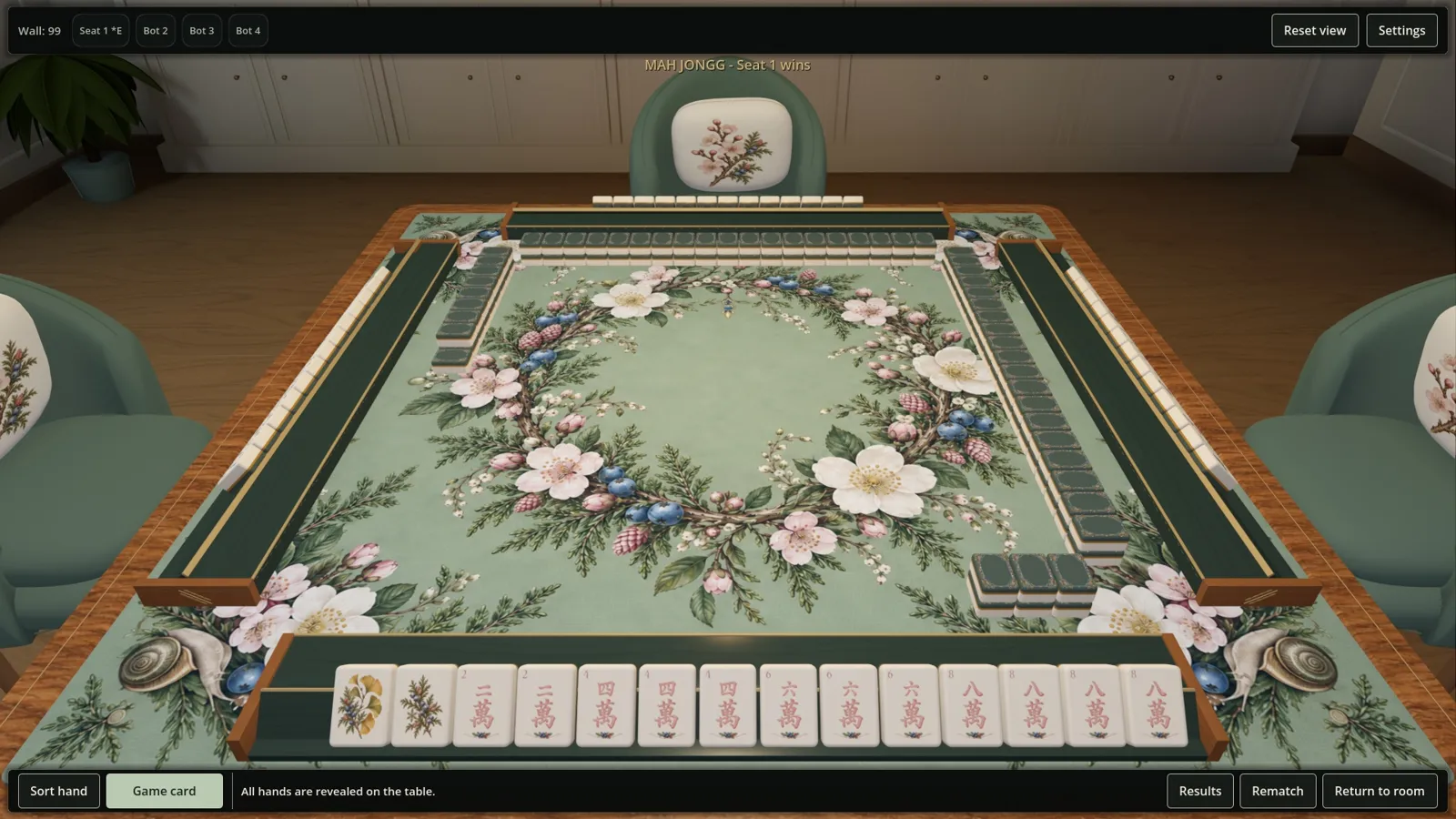 All players' hands revealed on their racks after a completed hand, with discards still arranged on the table.
