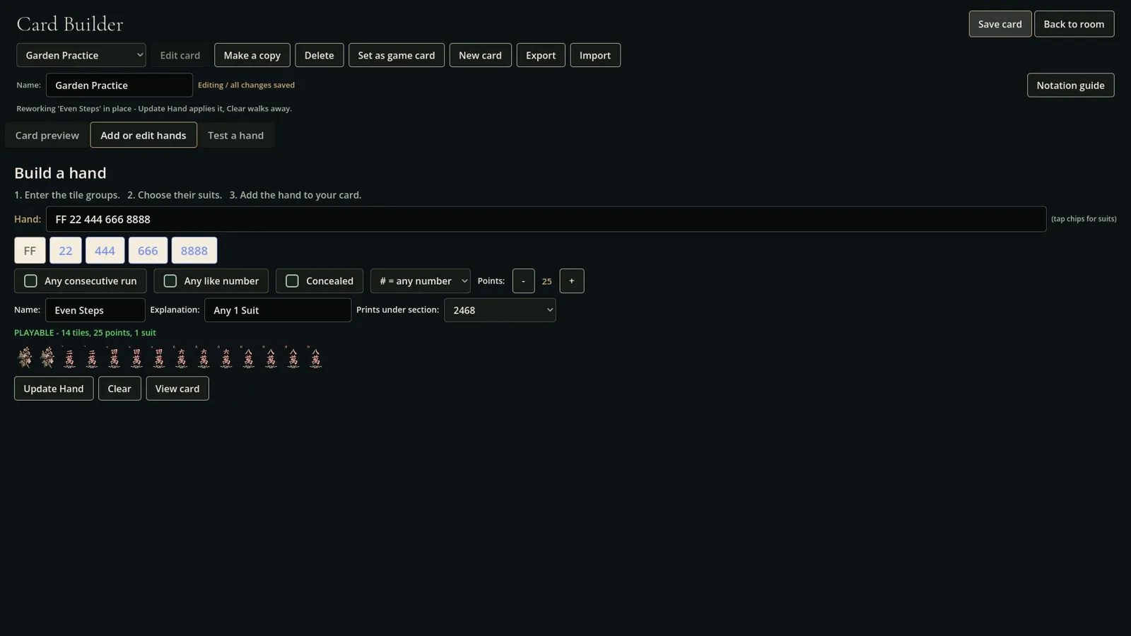 The Card Builder editing an original hand, with suit choices, scoring controls, a tile preview, and a playable-hand validation result.