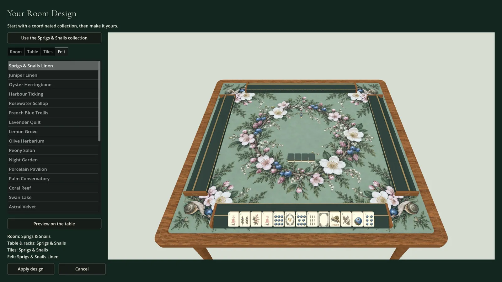 The room designer with the Felt tab selected and a live preview of the table, racks, tiles, and mat.